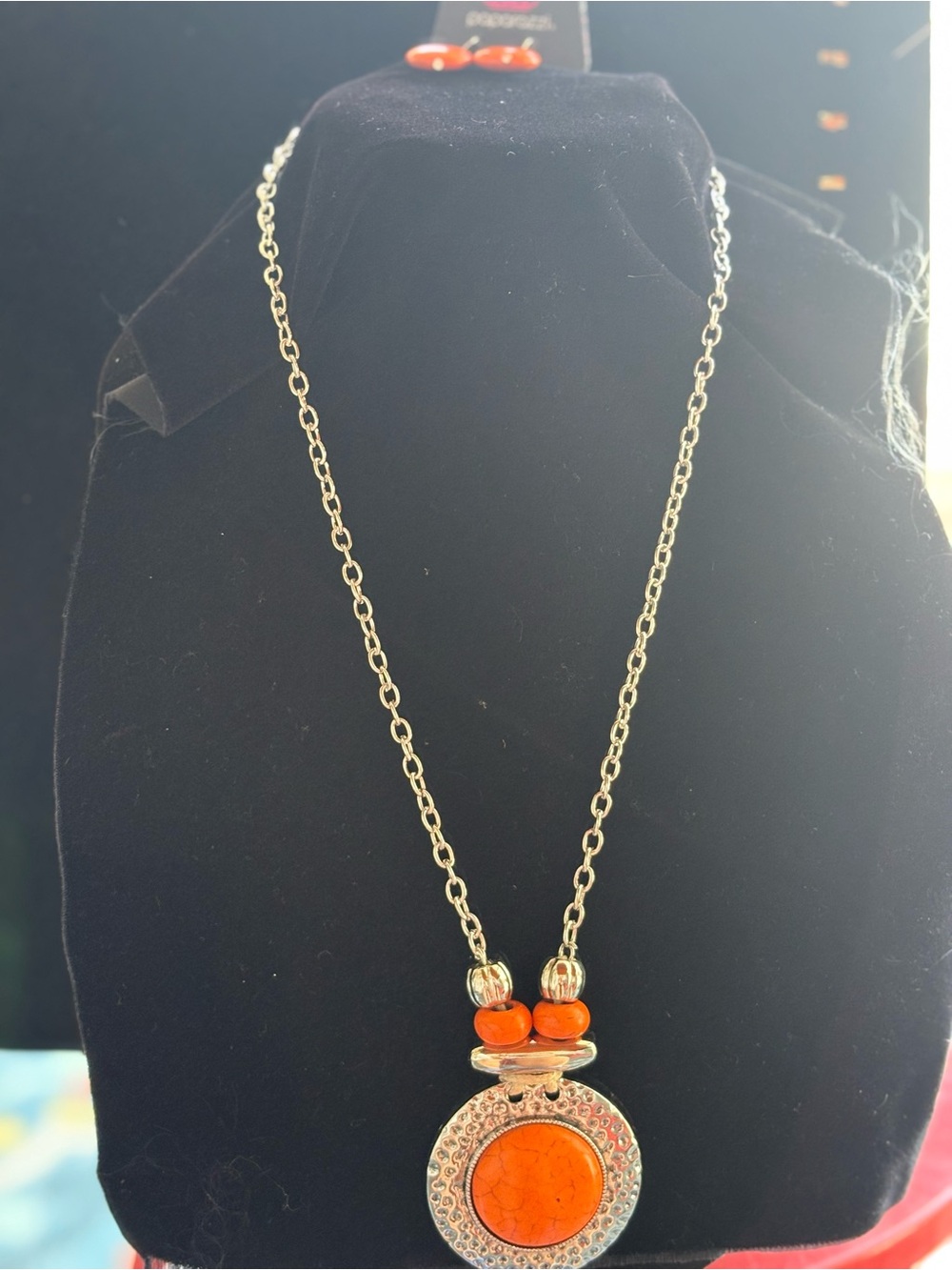 Silver-Tone Orange Pendant Necklace with Cabochon Accent